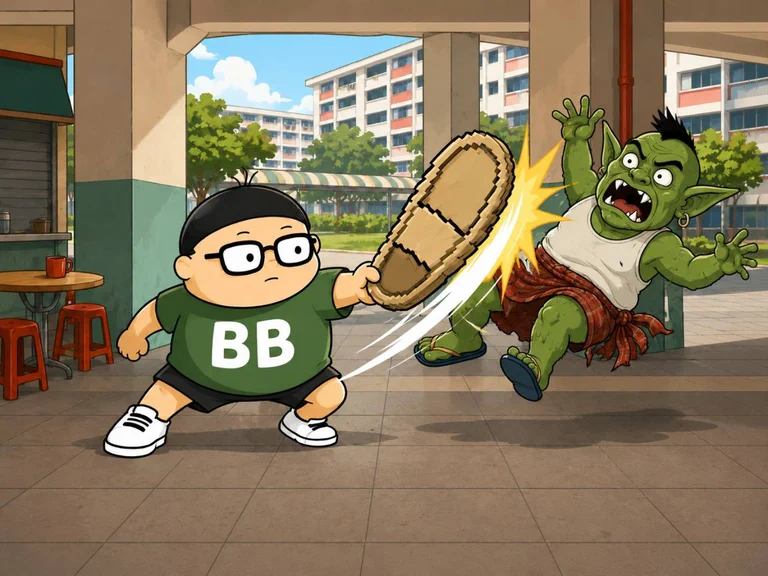 BB Gai striking a troll with a giant slipper in a void deck in FATA