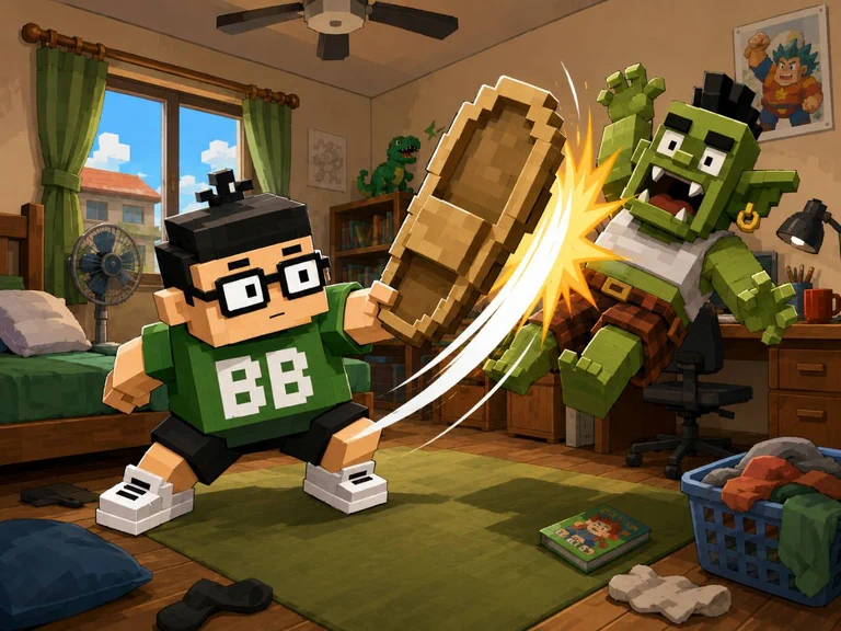 BB Gai battling in his bedroom with a giant slipper in FATB